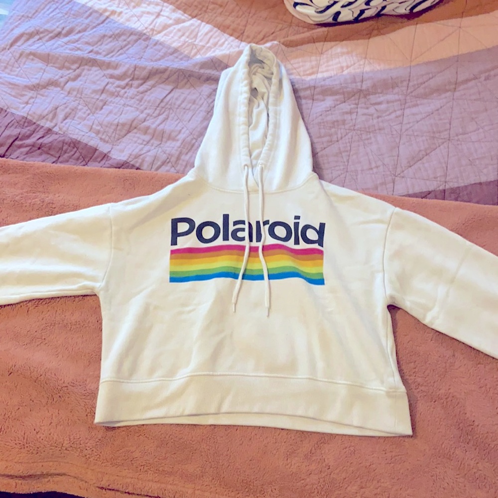 White Polaroid Rainbow Cropped Hoodie